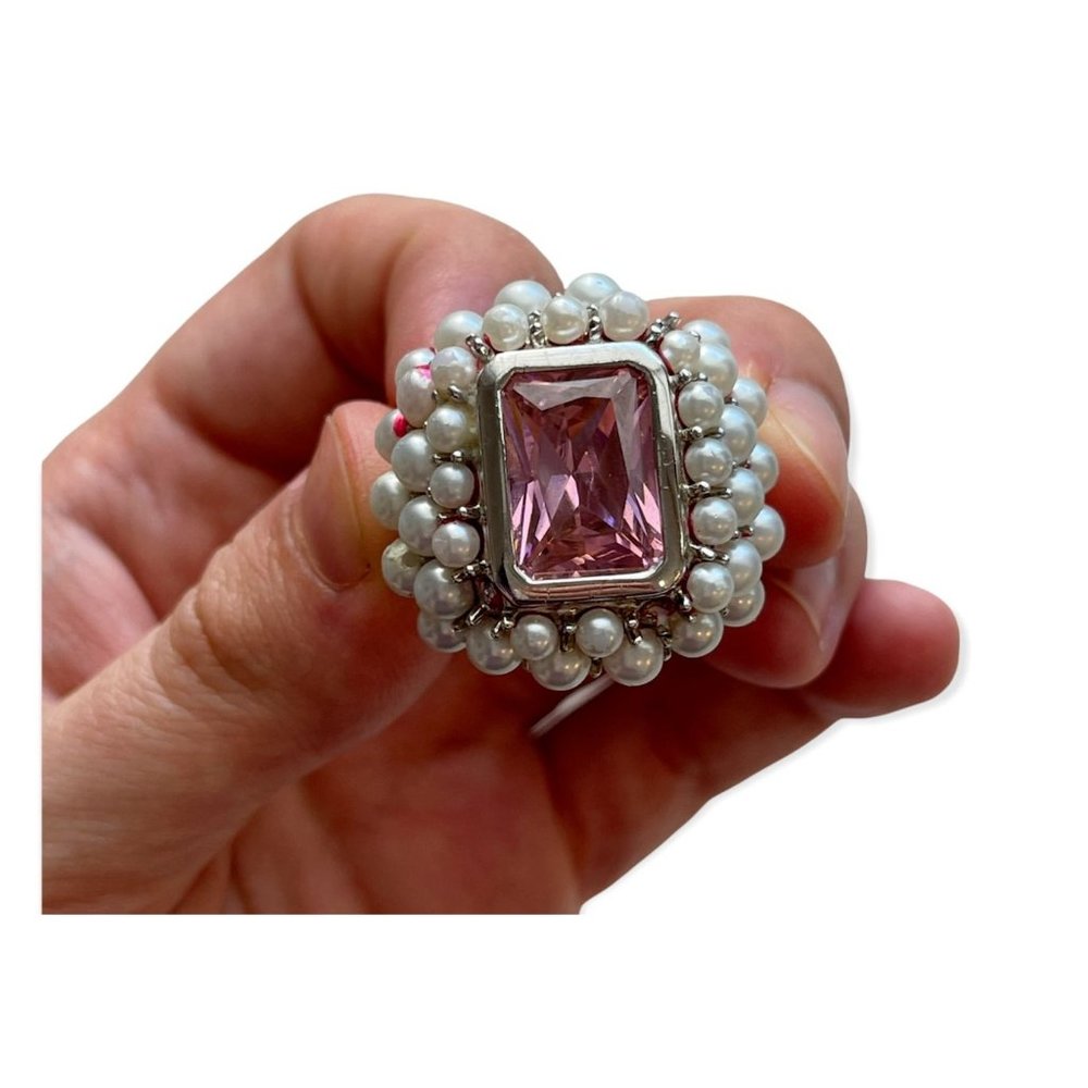 Pink Radiant Rectangle Faux Pearl 925 Ring Sz 9